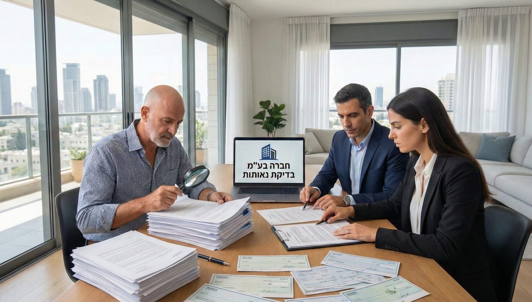 כיצד מבצעים בדיקת רקע לפני השכרת דירה לחברה בע"מ - אנשים יושבים בשולחן ובודקים מסמכי חברה.